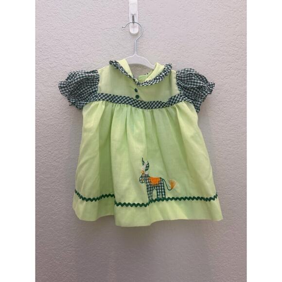 Handmade Other - Vintage Baby Dress 3 to 6 Months Green Gingham Puff Sleeve Smocked Donkey Patch